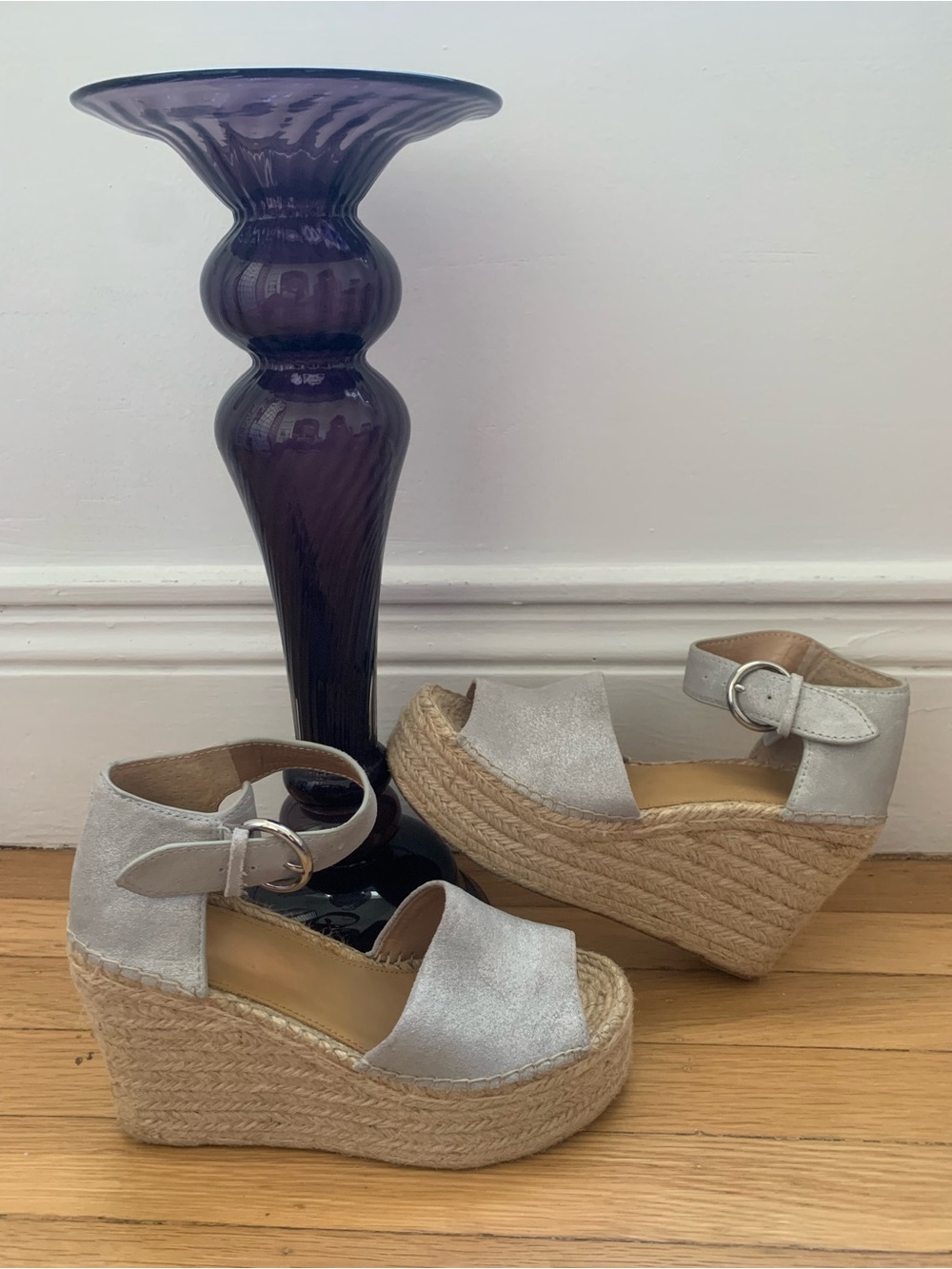VGUC MARC FISHER MLALIDA Silver Shiny Matt Leather Hi-Wedge Espadrille SZ 8.5M - Picture 3 of 16